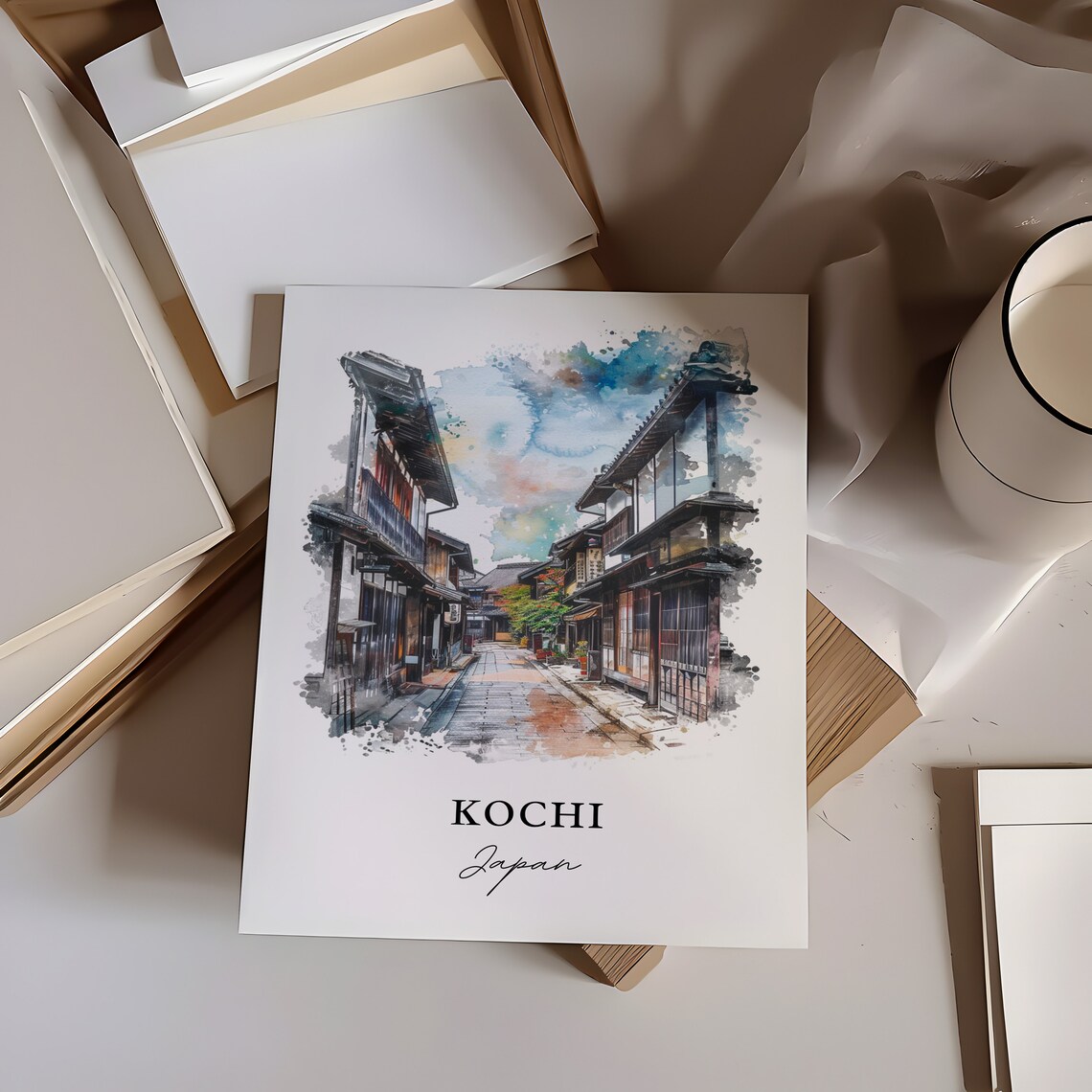 Kochi Japan Old Town Historic Wooden Street Watercolor Travel Poster - Image 6