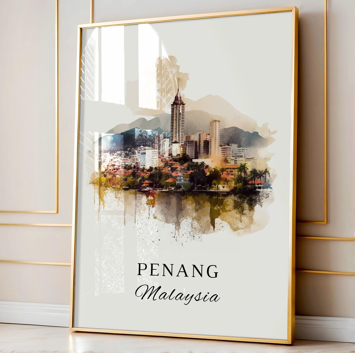 Penang Malaysia Watercolor Skyline Harbor Mountain View Poster - Image 3