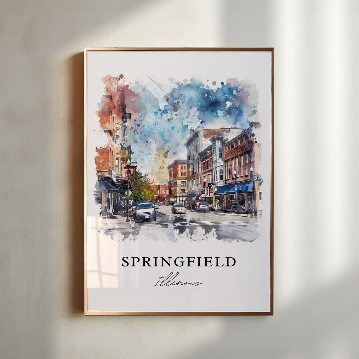 Springfield Illinois Watercolor Downtown Street Skyline Art Print