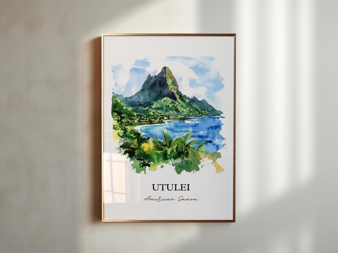 Utulei American Samoa Twin Peaks Bay Coastal Watercolor Poster - Image 6