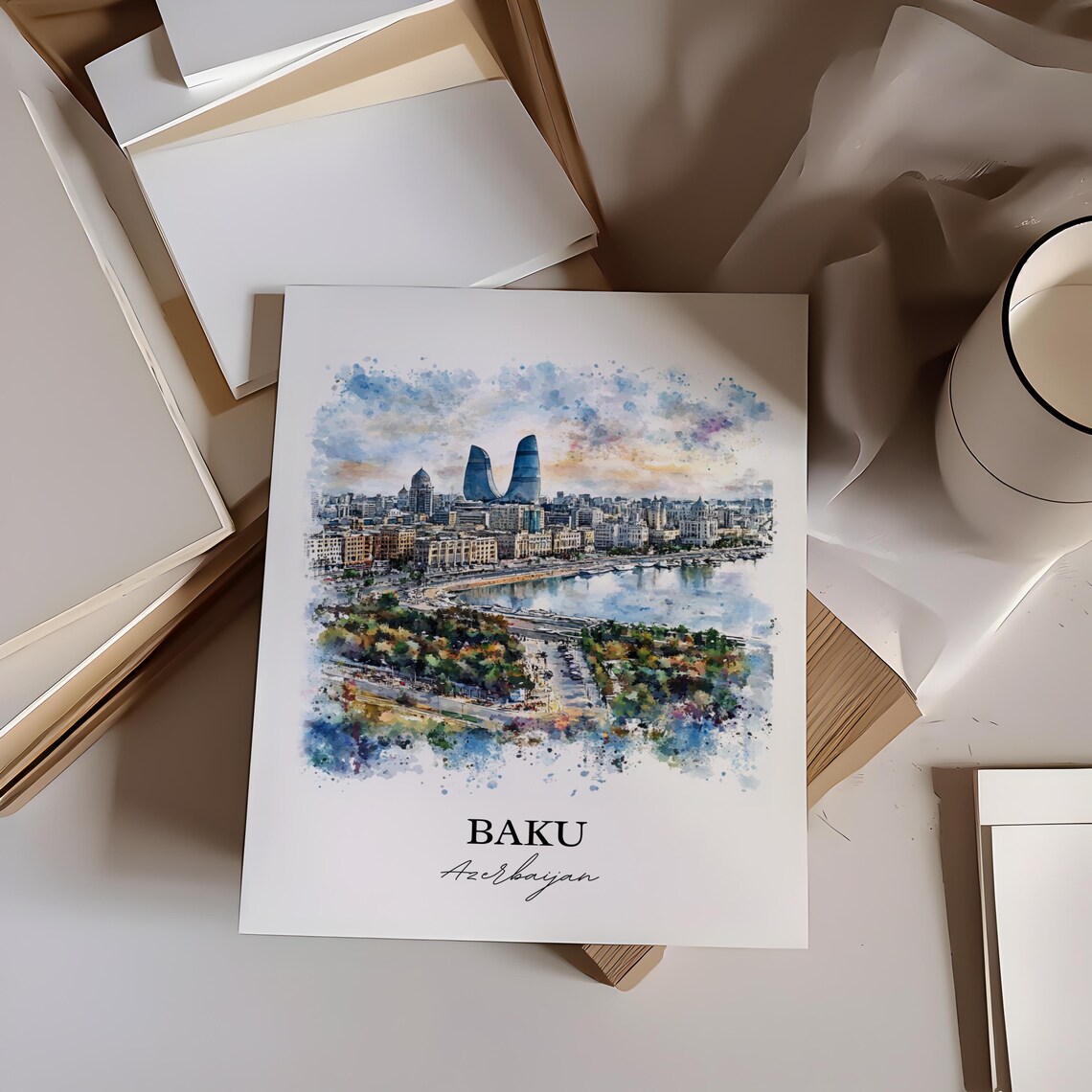 Baku Azerbaijan Bay Skyline Flame Towers Watercolor Travel Poster - Image 5
