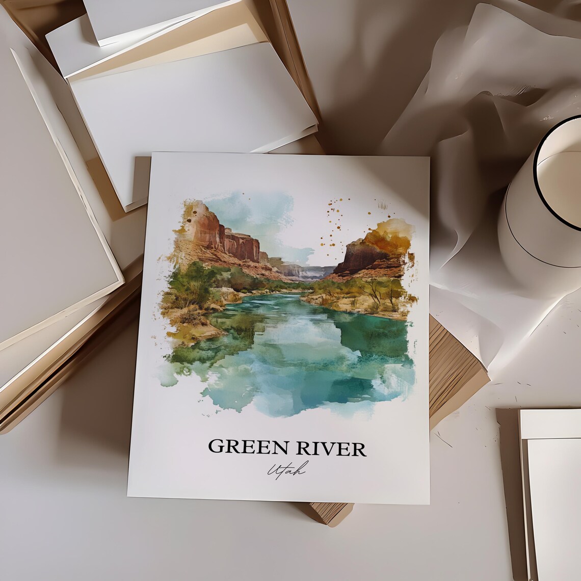 Green River Utah Red Canyon Watercolor River Landscape Poster - Image 3