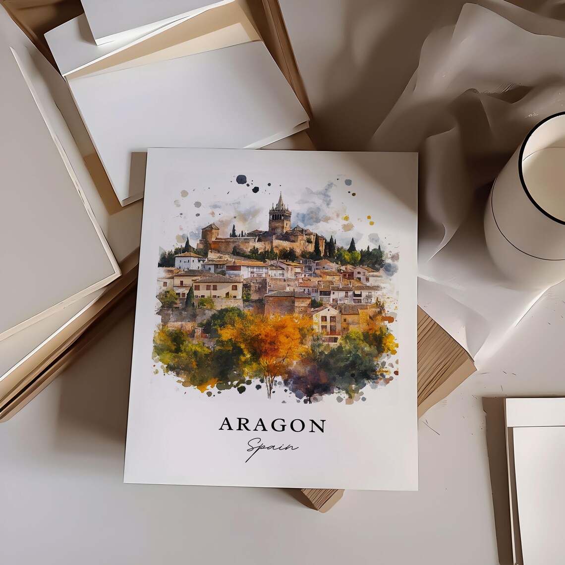 Aragon Spain Historic Hilltop Castle Town Watercolor Travel Poster - Image 6