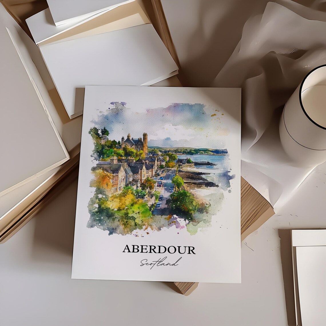 Aberdour Scotland Watercolor Coastal Village Street Castle Hill Poster - Image 3