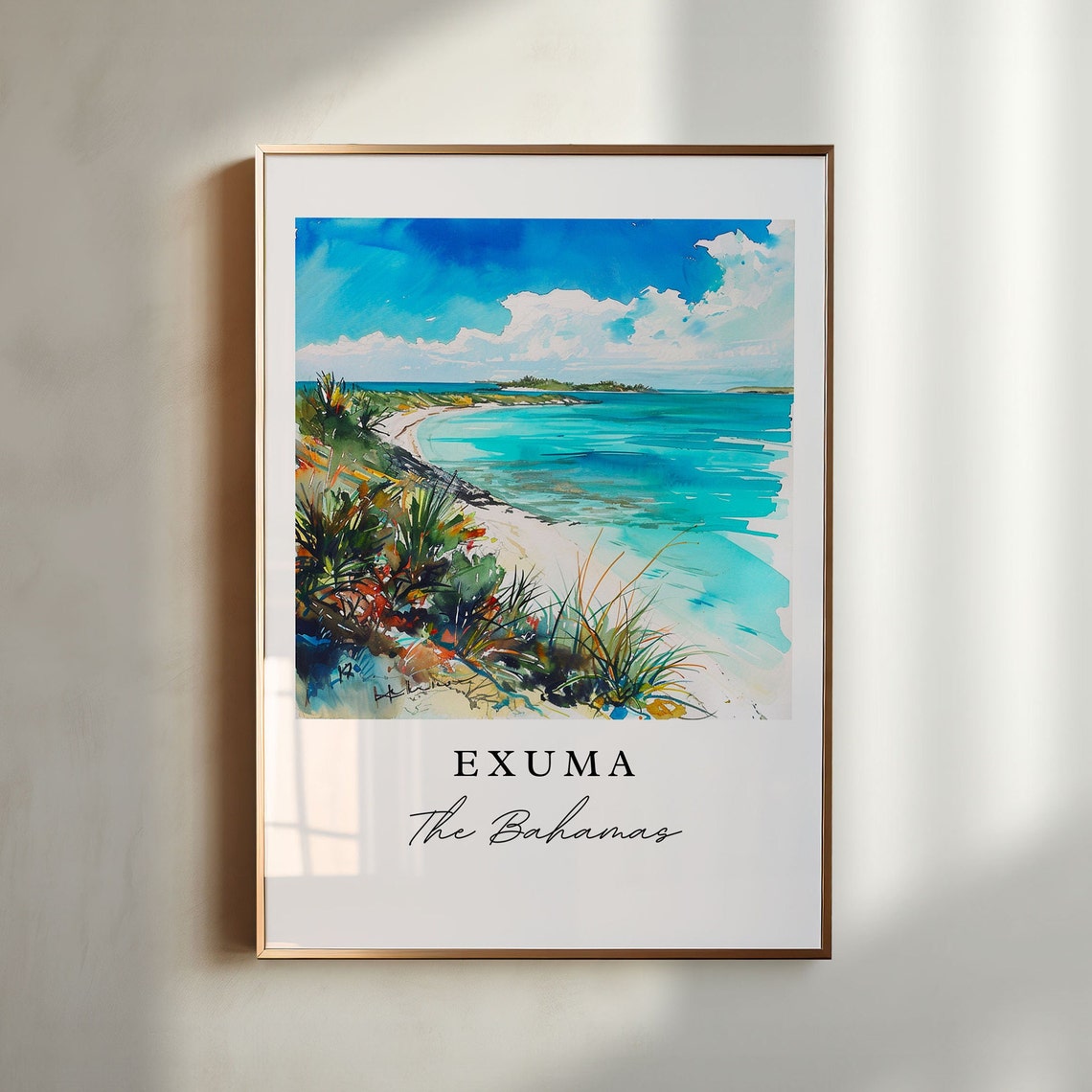 Exuma Bahamas Watercolor Turquoise Beach Tropical Shore Poster