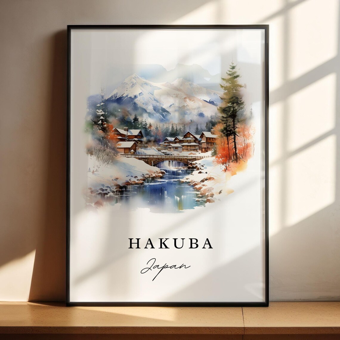 Hakuba Japan Watercolor Snowy Alpine Mountain Village Scene Poster