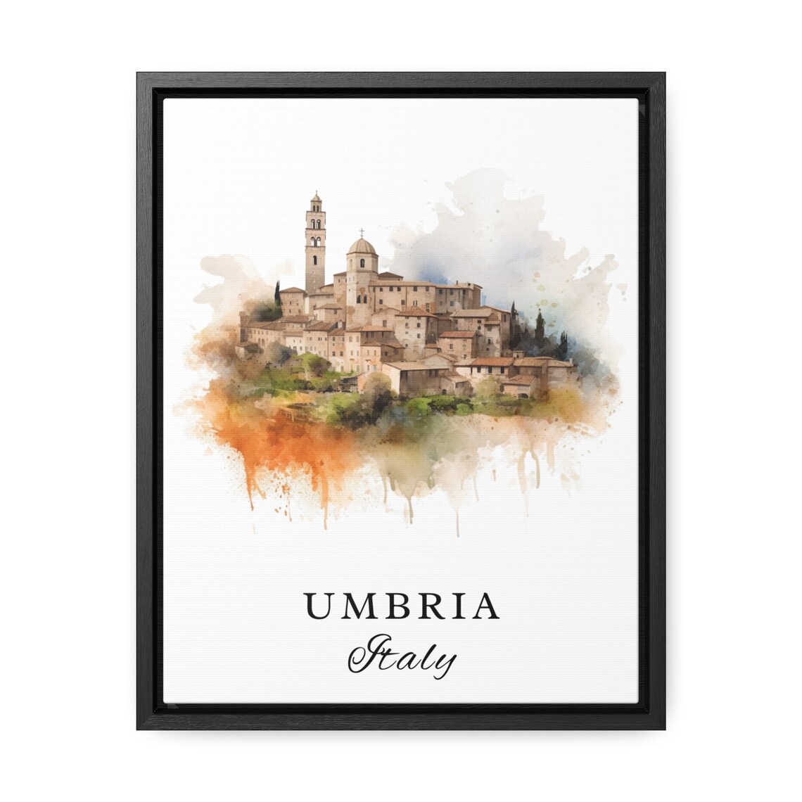 Umbria Italy Hilltop Town Bell Tower Watercolor Travel Poster