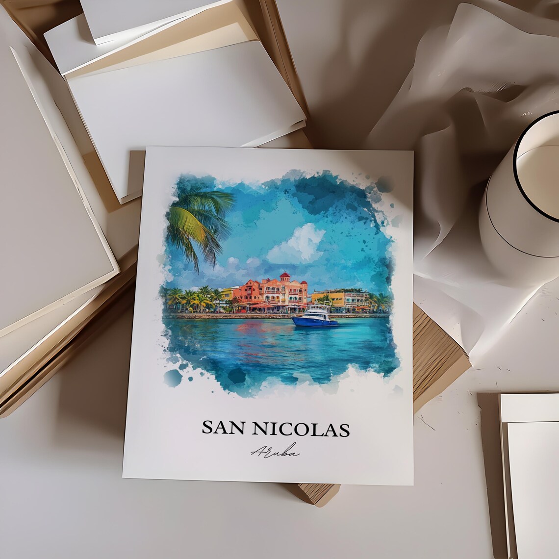 San Nicolas Aruba Watercolor Harbor Boat Waterfront Scene Poster - Image 2