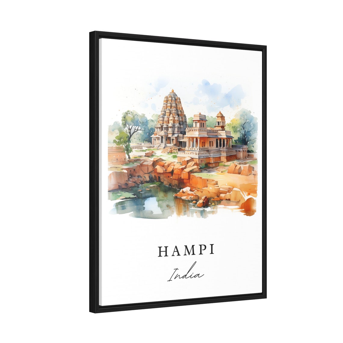 Hampi India Watercolor Ancient Stone Temple River Travel Poster - Image 2