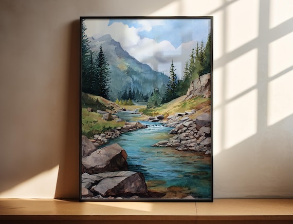 Rocky Mountains Watercolor Pine Forest River Landscape Travel Poster