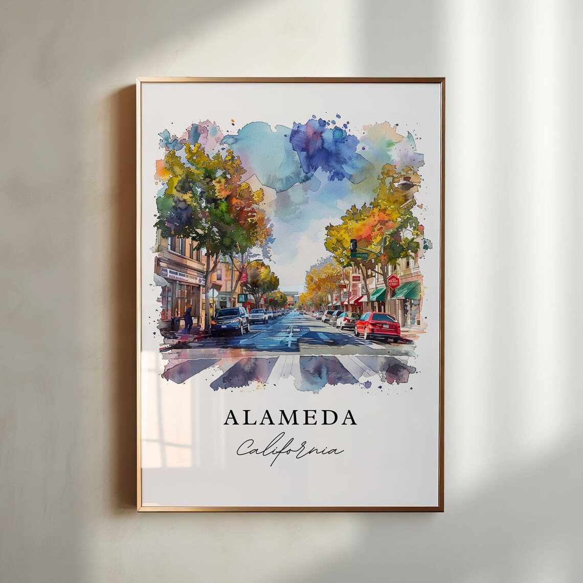 Alameda California Tree Lined Downtown Street Watercolor Travel Poster