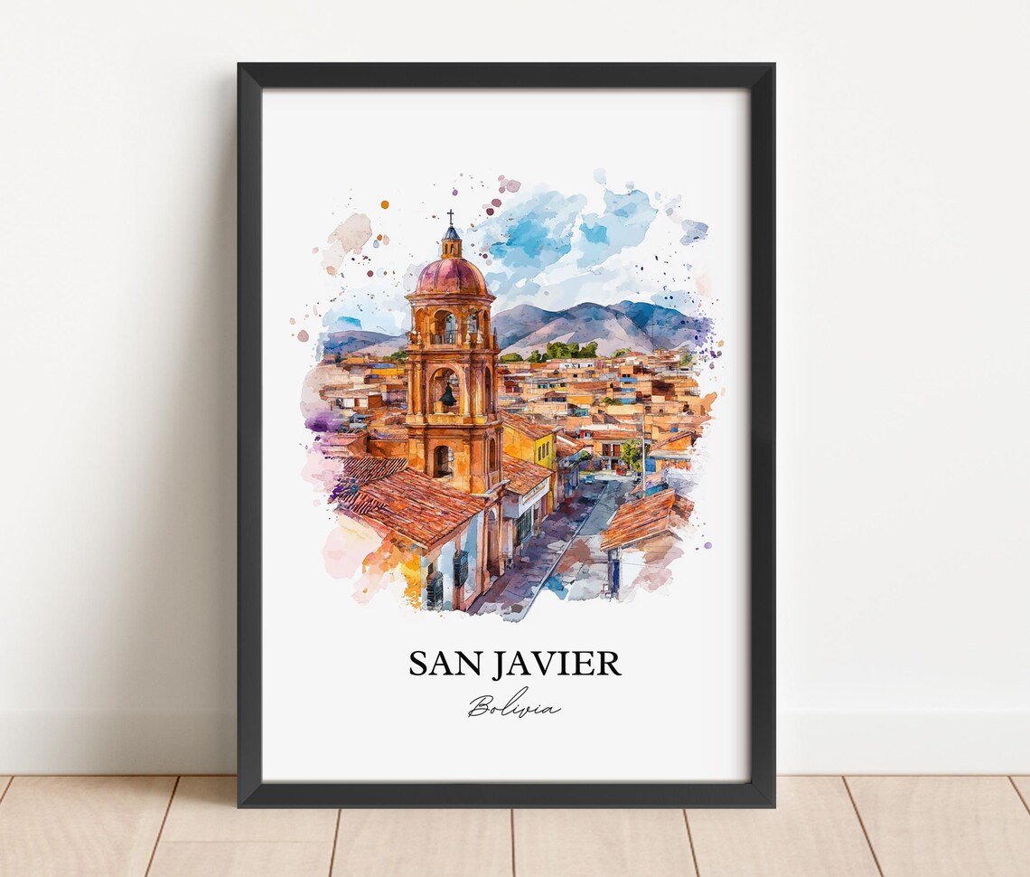 San Javier Bolivia Watercolor Historic Church Tower Town Poster - Image 3