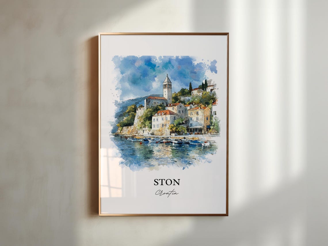 Ston Croatia Coastal Old Town Harbor Tower Watercolor Poster - Image 5