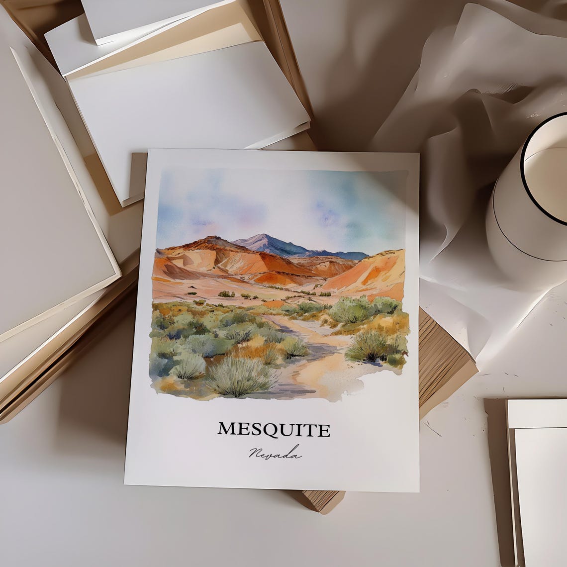 Mesquite Nevada Watercolor Desert Trail Red Mountains Sagebrush Poster - Image 2