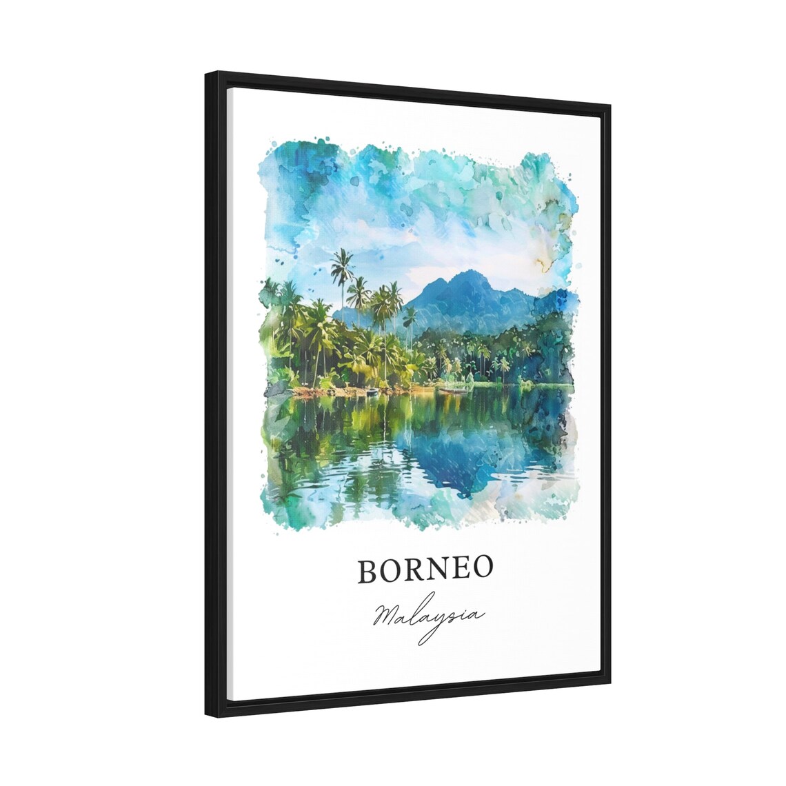 Borneo Malaysia Tropical Palms Lake Watercolor Island Travel Poster - Image 2