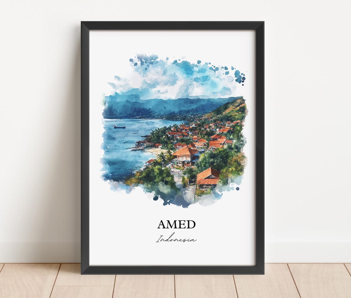 Amed Indonesia Watercolor Coastal Bay Red Roofs Ocean View Poster - Image 2