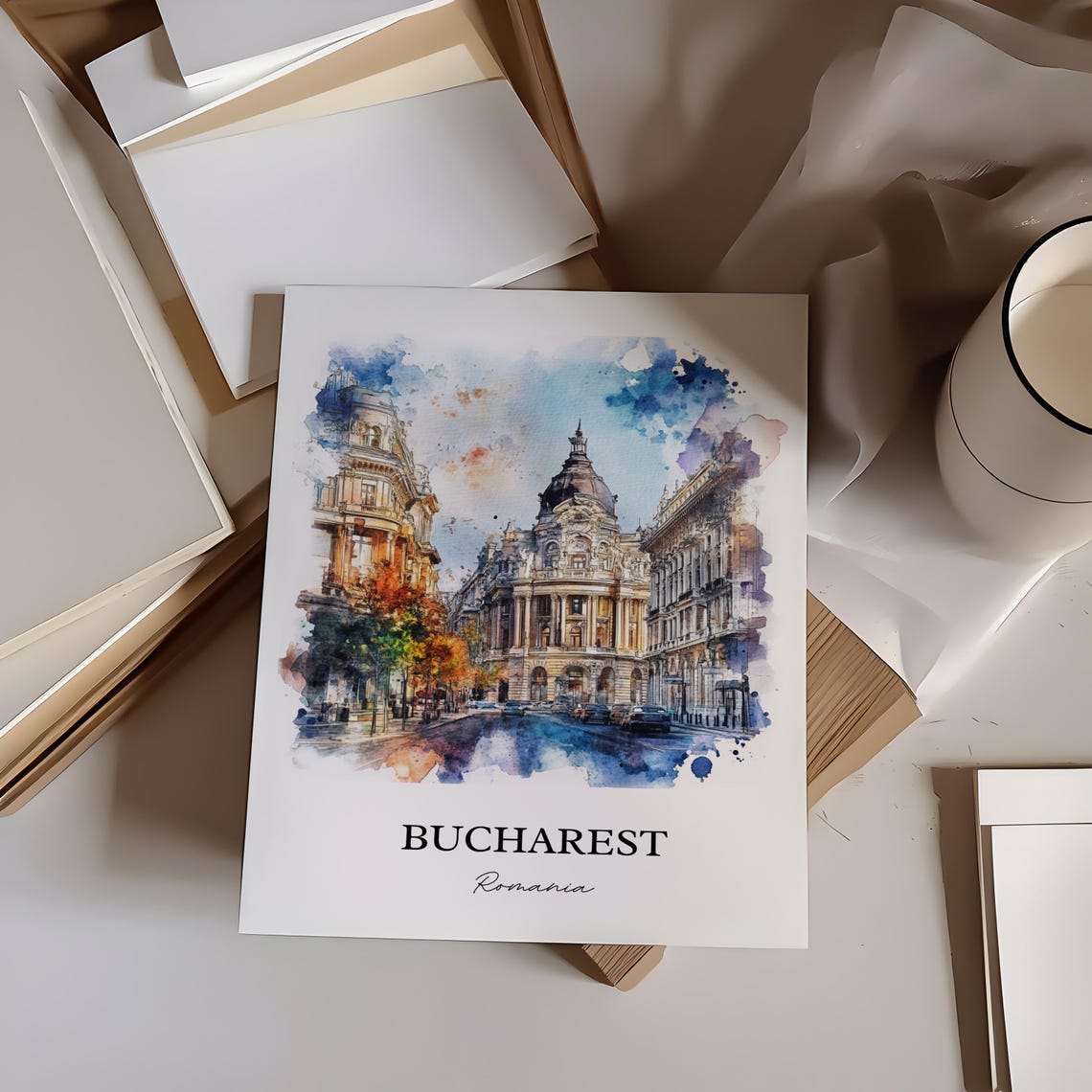 Bucharest Romania Watercolor Grand City Street Scene Travel Poster - Image 3