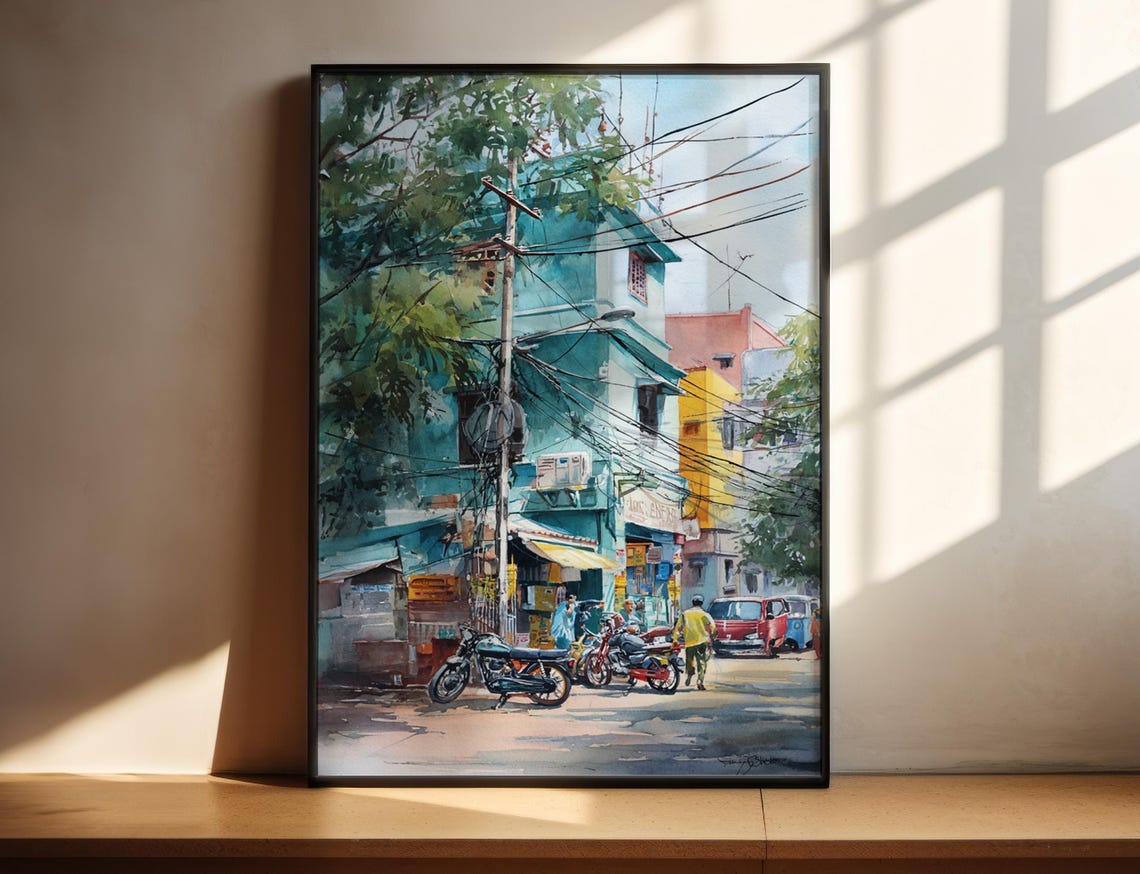 Chennai India Waterfront Street Dusk Watercolor Travel Poster