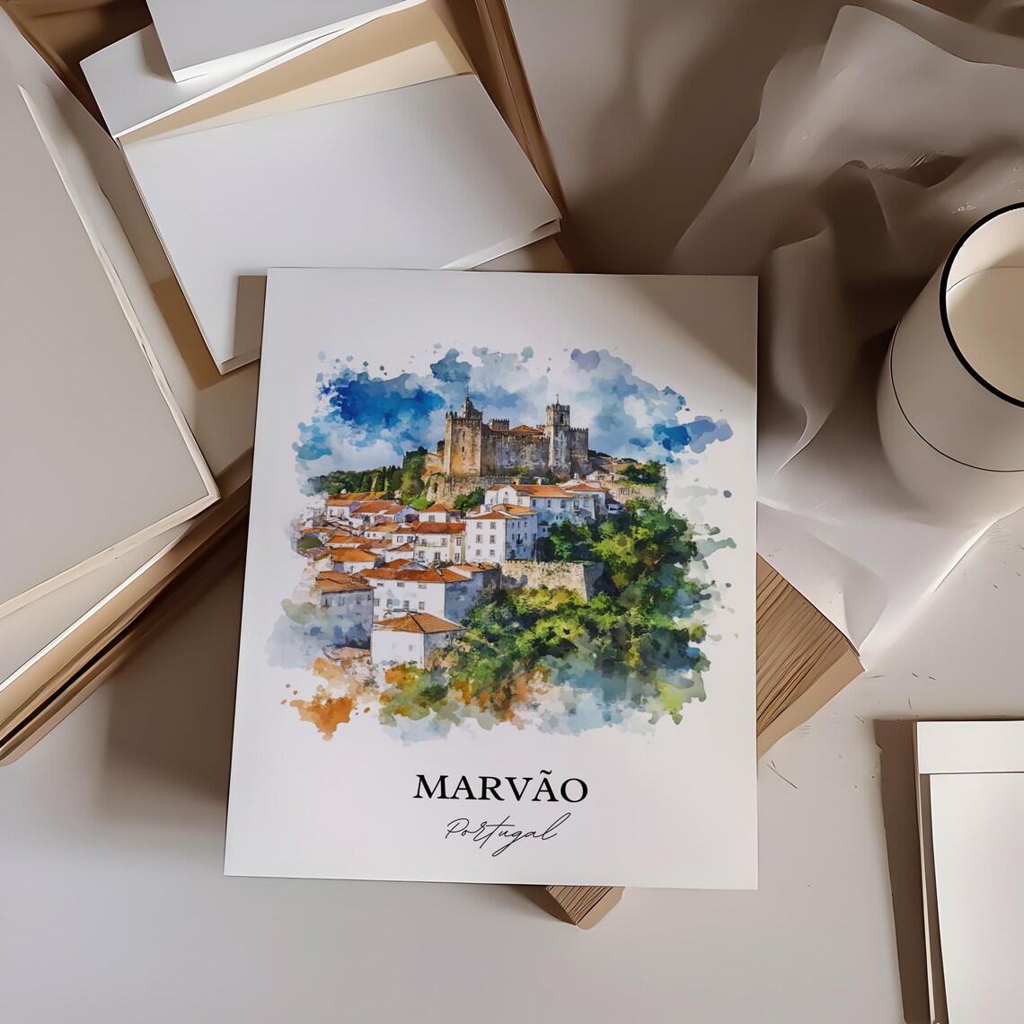 Marvao Portugal Watercolor Castle Hill Village Fortress Town Poster - Image 2