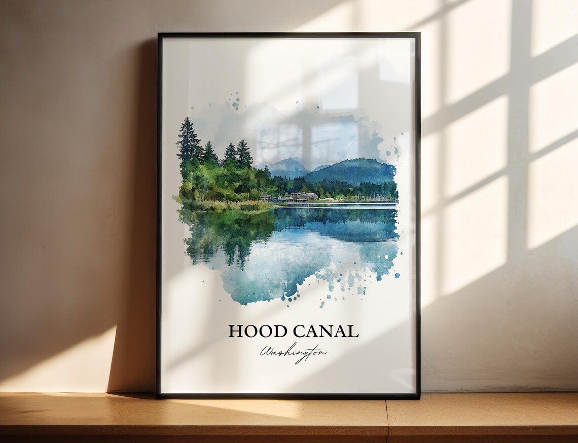 Hood Canal Washington Watercolor Calm Water Pine Scene Poster