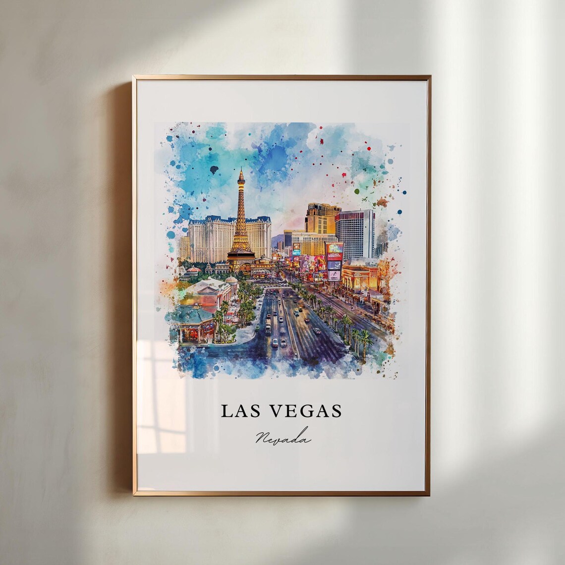 Las Vegas Nevada Strip Eiffel Tower Casino Skyline Watercolor Poster