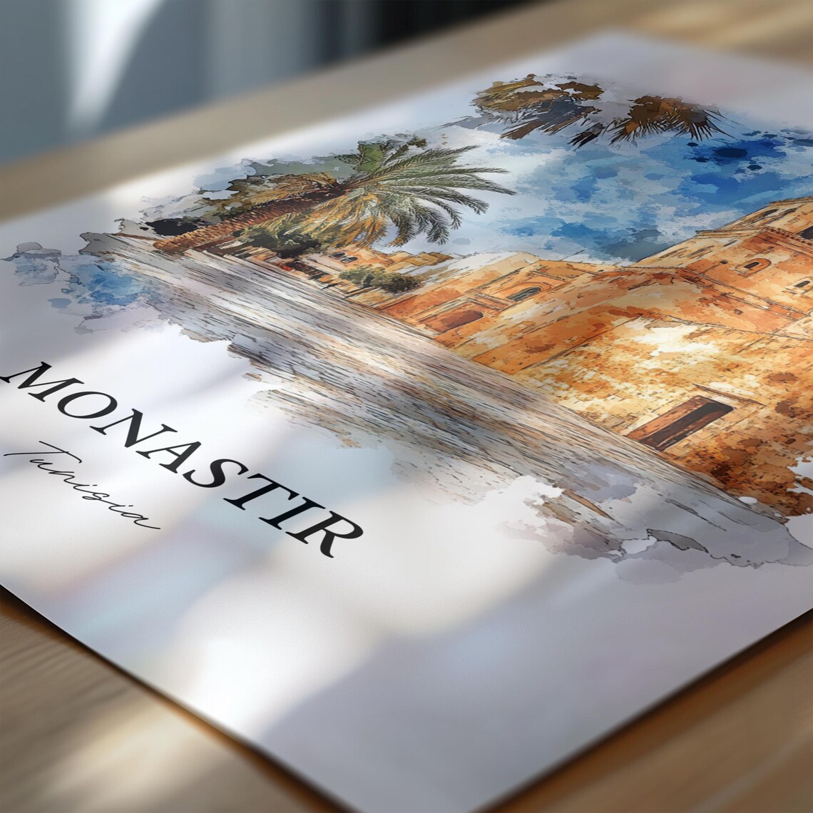 Monastir Tunisia Historic Mosque Palm Trees Watercolor Travel Poster - Image 6