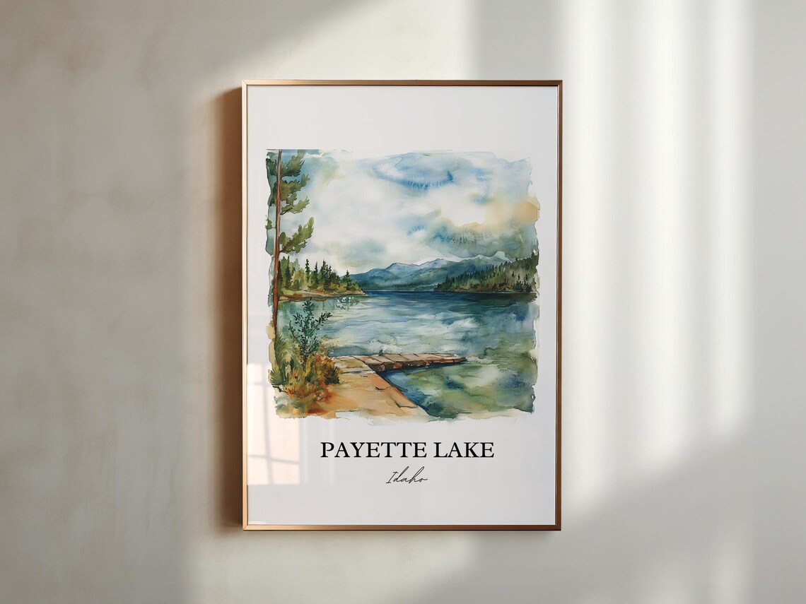 Payette Lake Idaho Watercolor Lake Dock Pine Scene Art Poster - Image 5