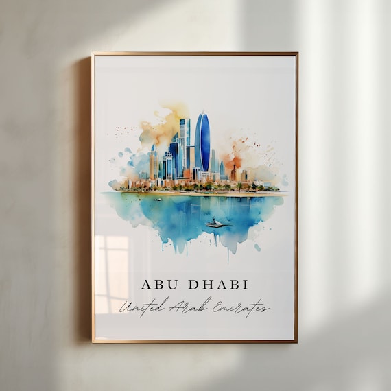 Abu Dhabi United Arab Emirates Watercolor Skyline Waterfront Travel Poster