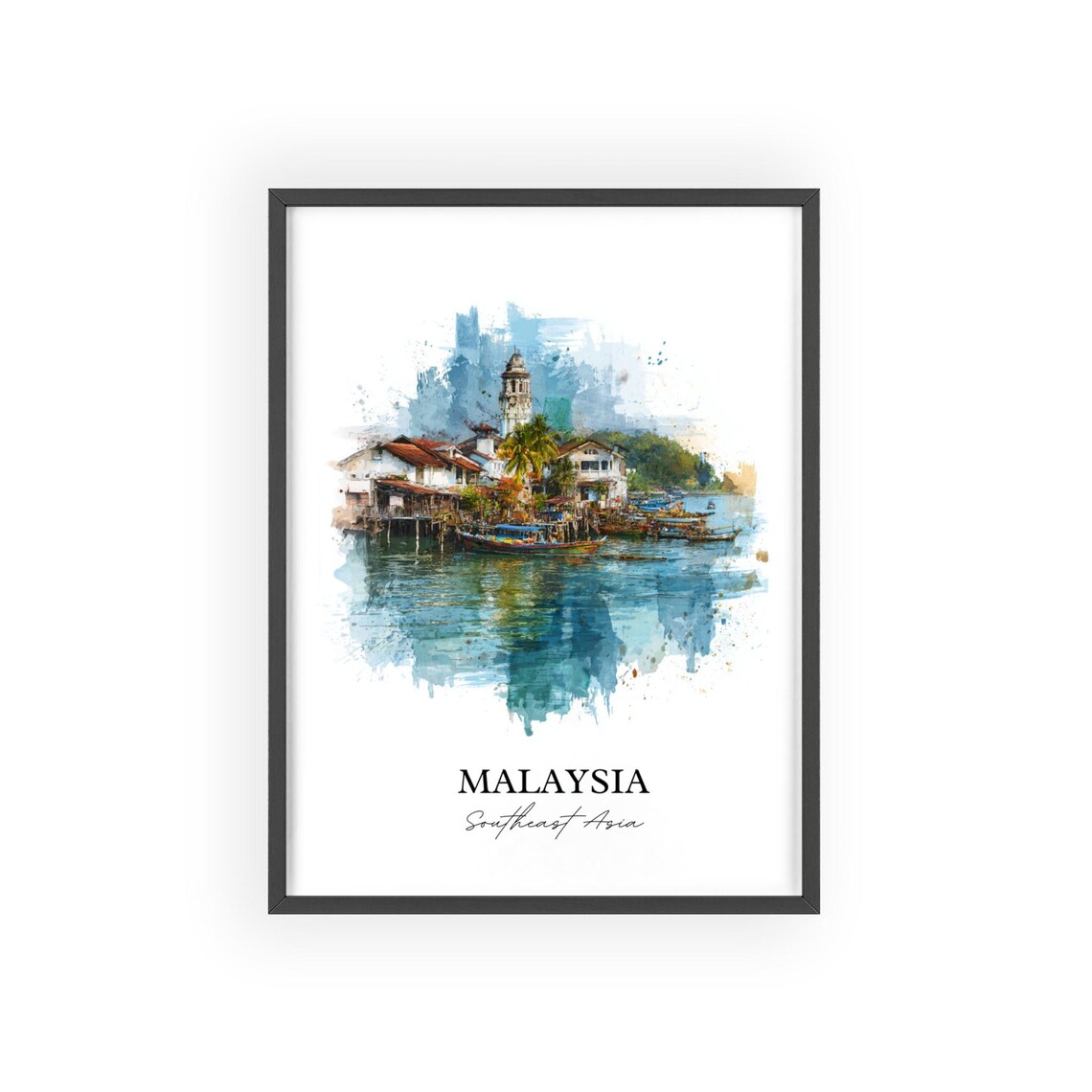 Malaysia Southeast Asia Stilt Fishing Village Watercolor Poster - Image 2