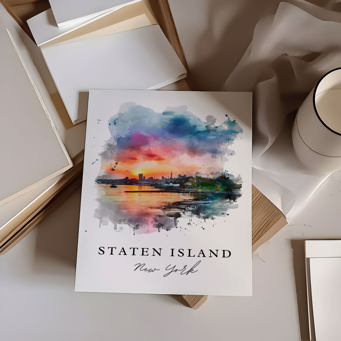Staten Island New York Watercolor Sunset Skyline Harbor Poster - Image 6
