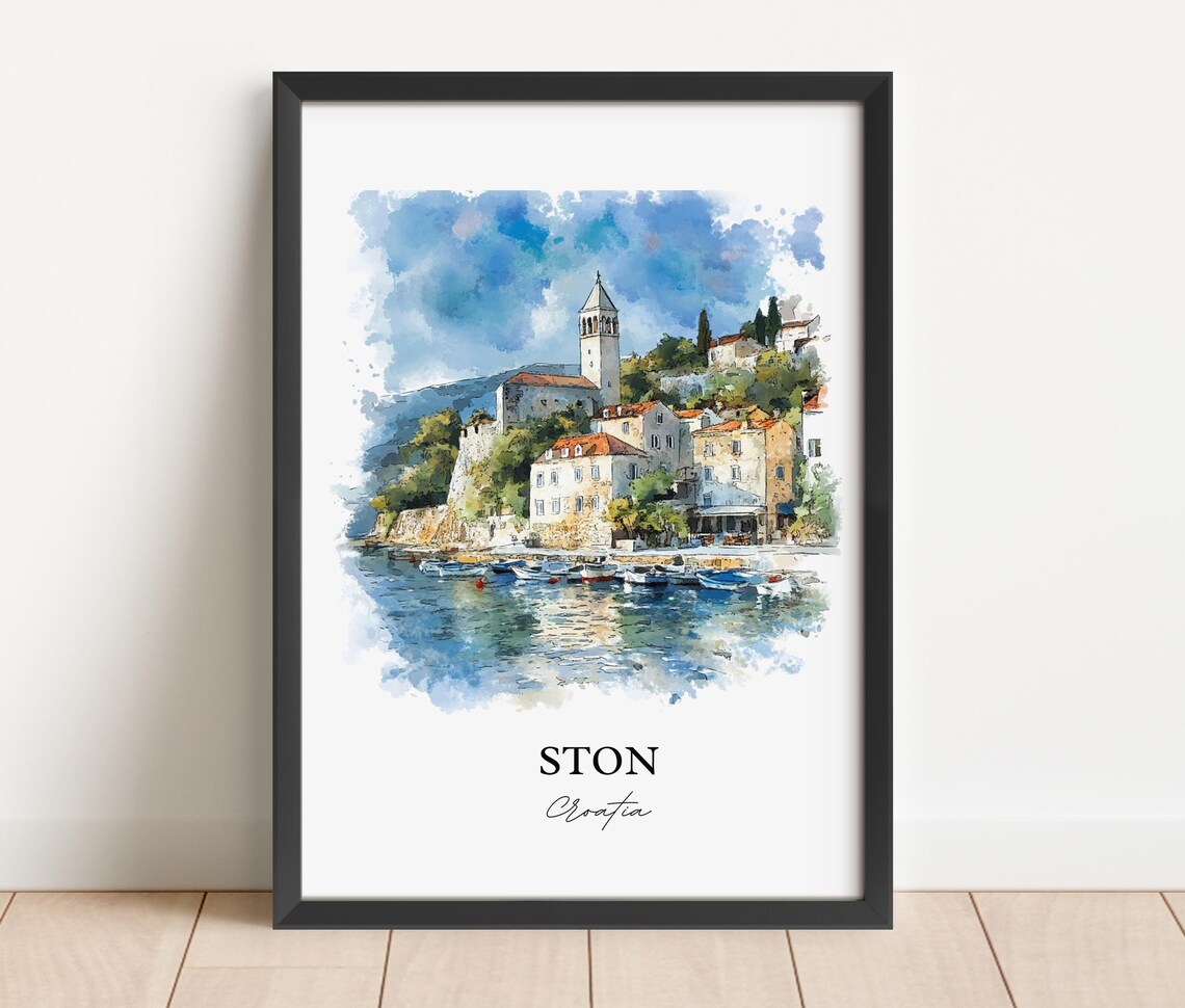 Ston Croatia Coastal Old Town Harbor Tower Watercolor Poster - Image 2