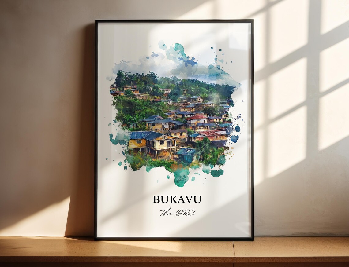 Bukavu The DRC Lakeside Hill Town Watercolor Travel Poster Art
