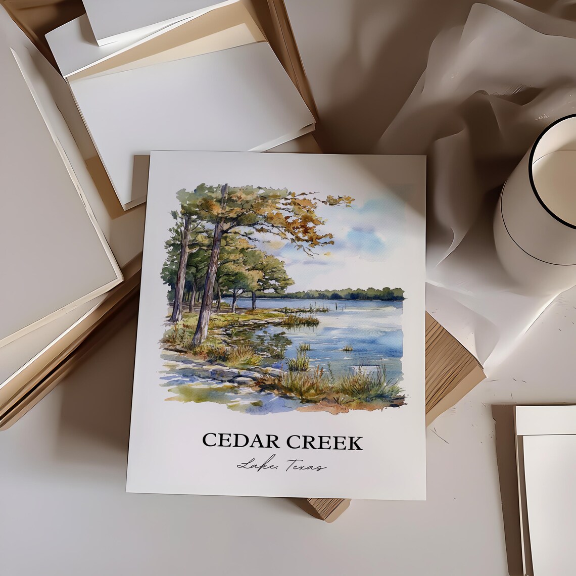 Cedar Creek Lake Texas Pine Shoreline Scenic Watercolor Poster - Image 2