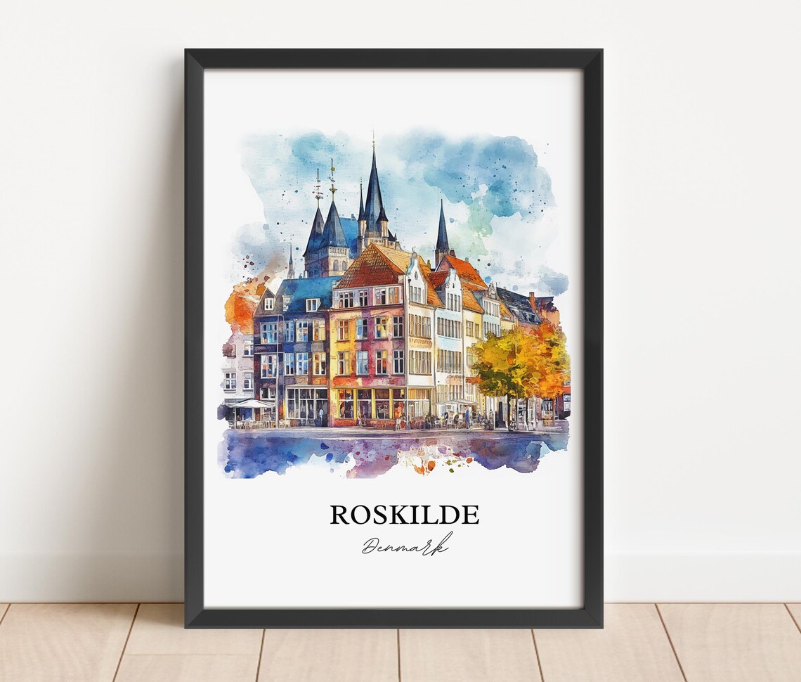 Roskilde Denmark Colorful Old Town and Spires Watercolor Poster - Image 2