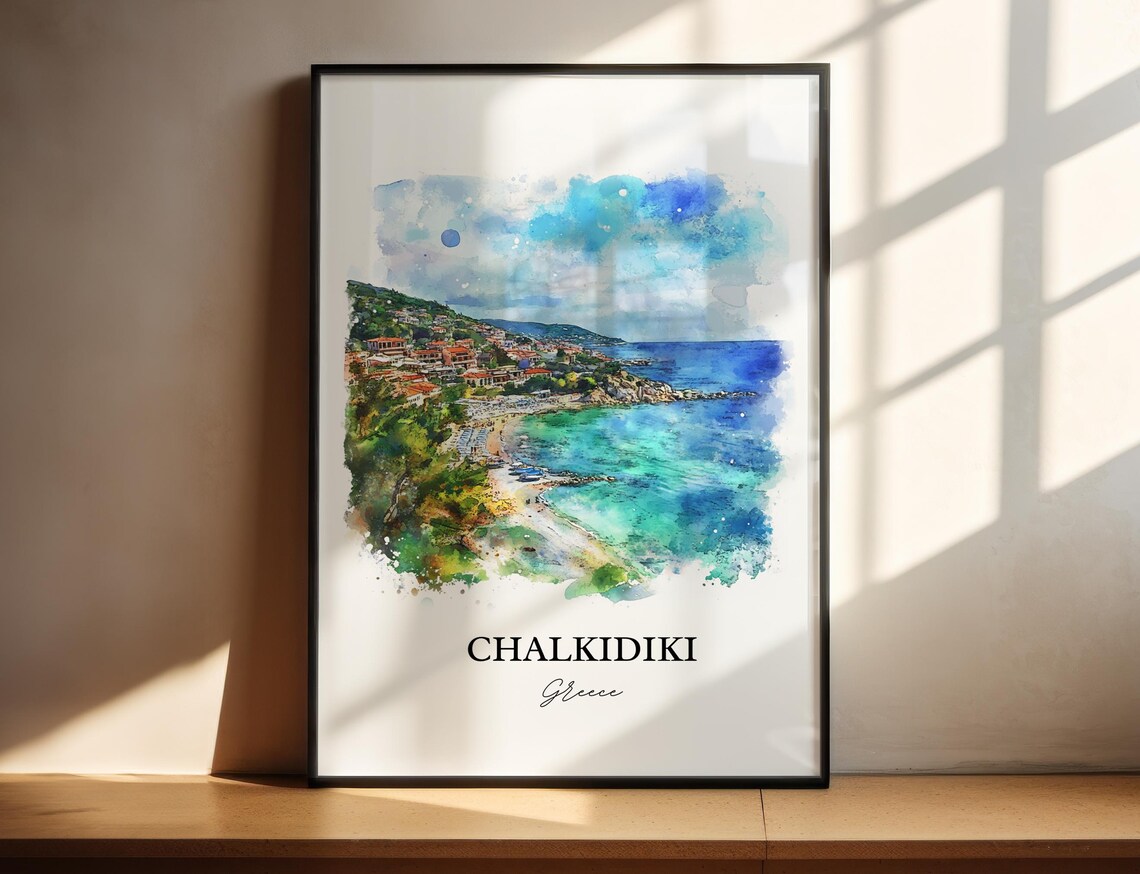 Chalkidiki Greece Coast Peninsula Beach Watercolor Travel Poster