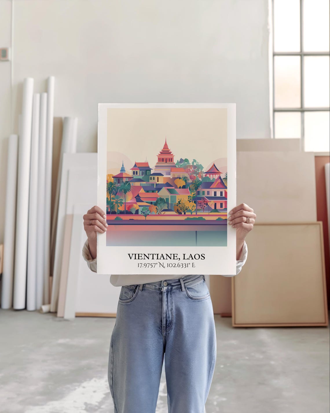 Vientiane Laos Temples Riverside Colorful Cityscape Travel Poster - Image 3