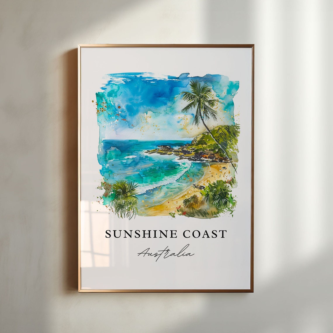 Sunshine Coast Australia Tropical Beach Watercolor Coastal Poster