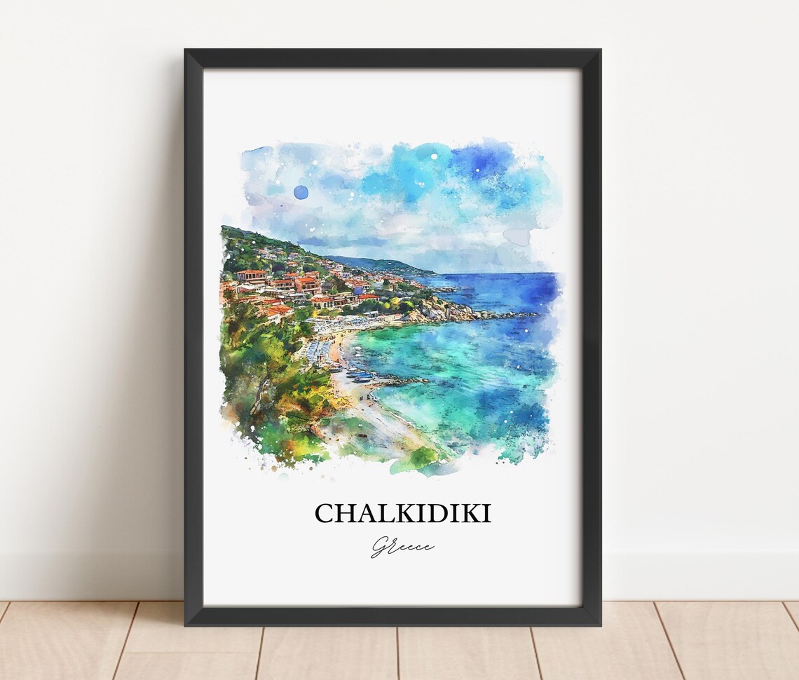 Chalkidiki Greece Coast Peninsula Beach Watercolor Travel Poster - Image 3