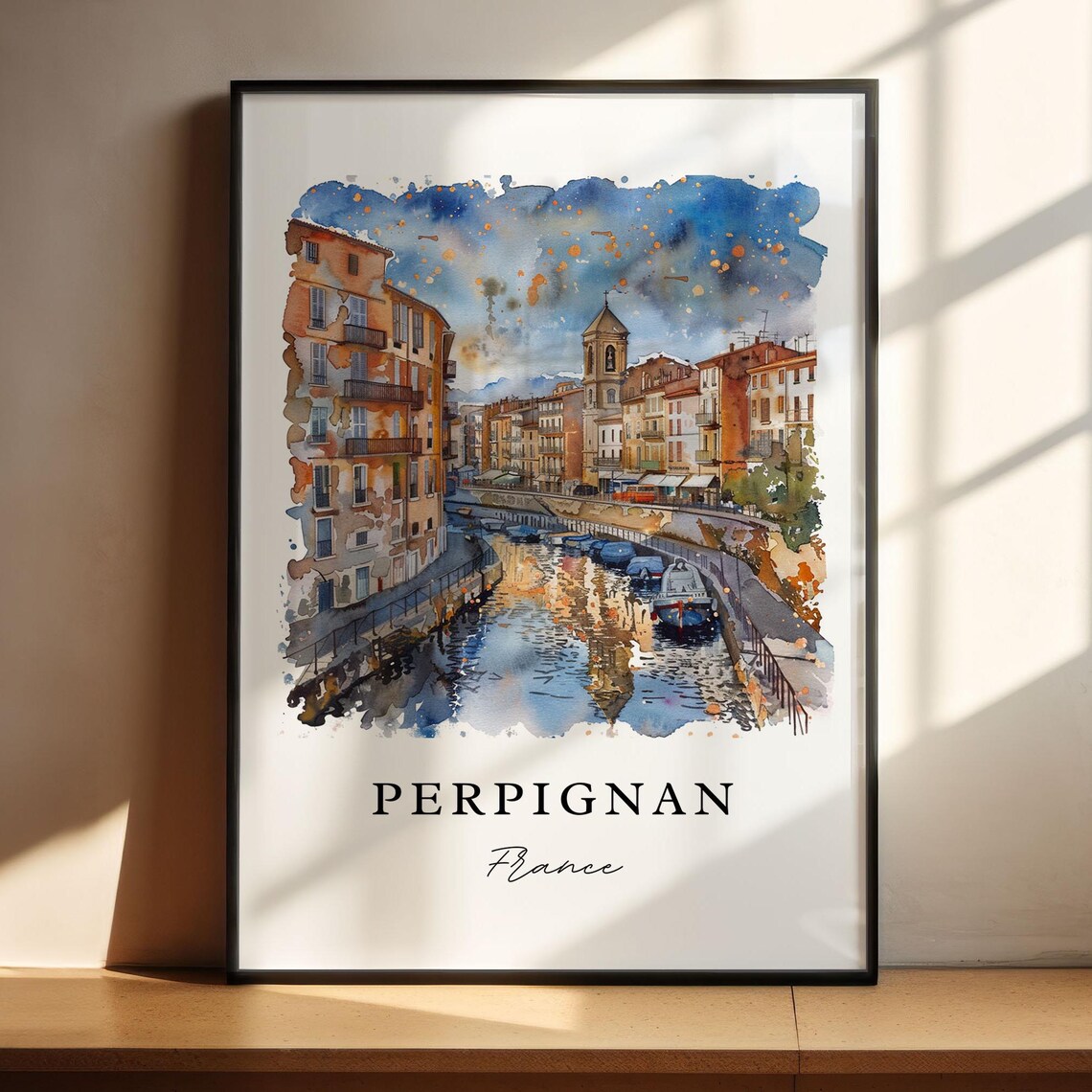 Perpignan France Canal Old Town Watercolor Minimalist Travel Poster - Image 4