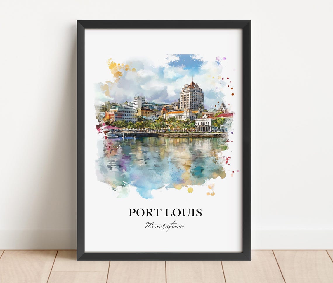 Port Louis Mauritius Harbor Skyline Waterfront Watercolor Poster - Image 3