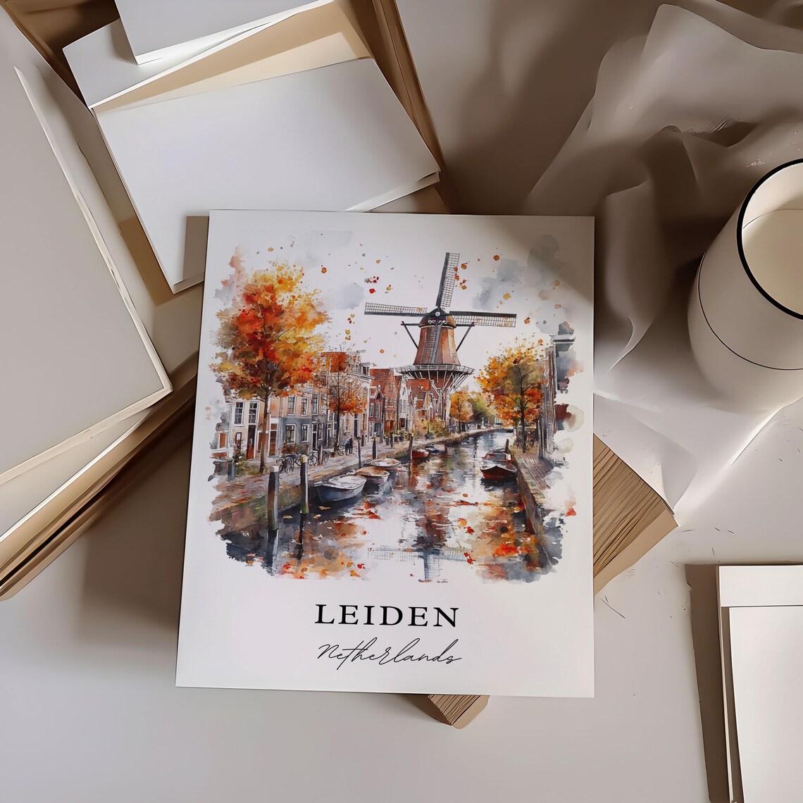 Leiden Netherlands Canal Windmill Autumn Watercolor City Poster - Image 6