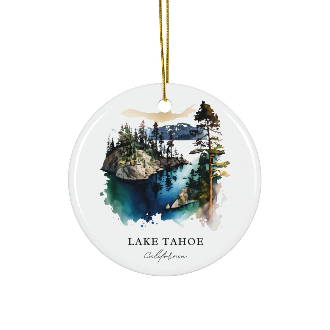 Lake Tahoe California Watercolor Rocky Cove Pines Peaks Travel Poster
