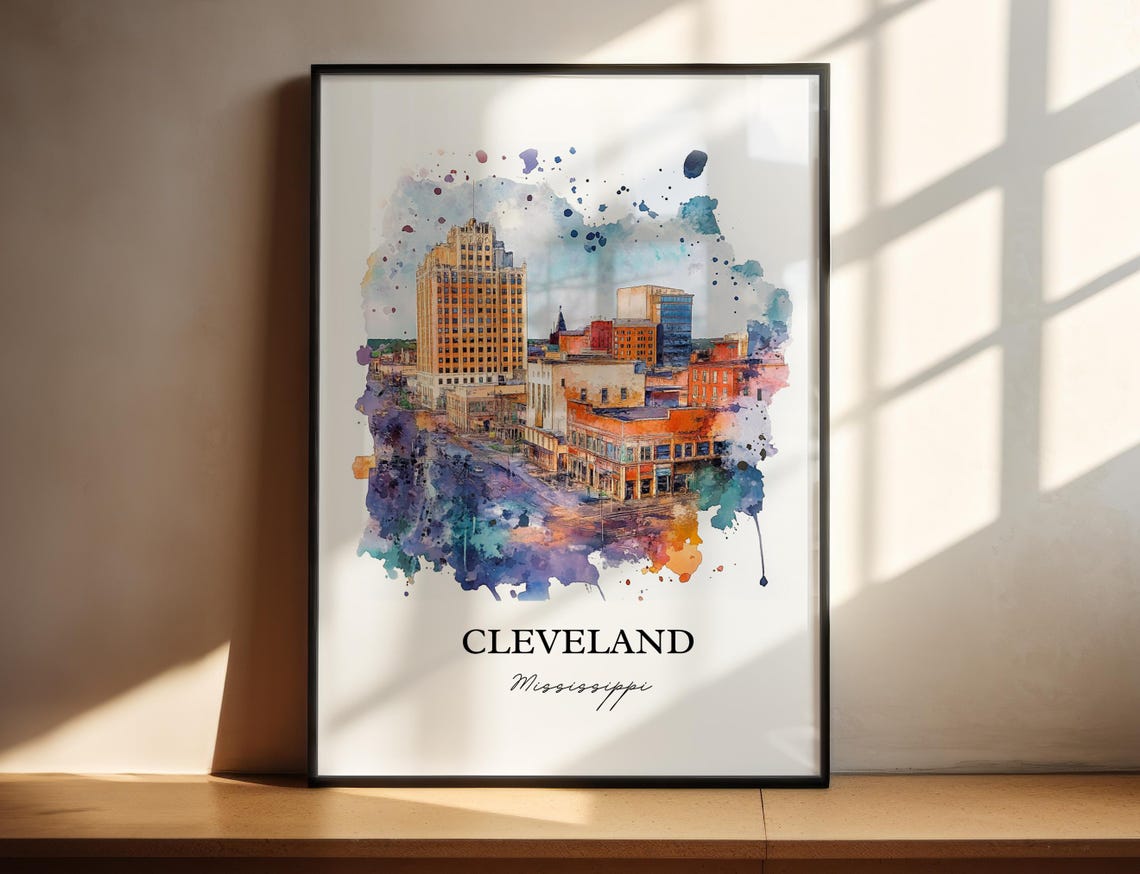 Cleveland Mississippi Downtown Skyline Splash Watercolor Poster - Image 5