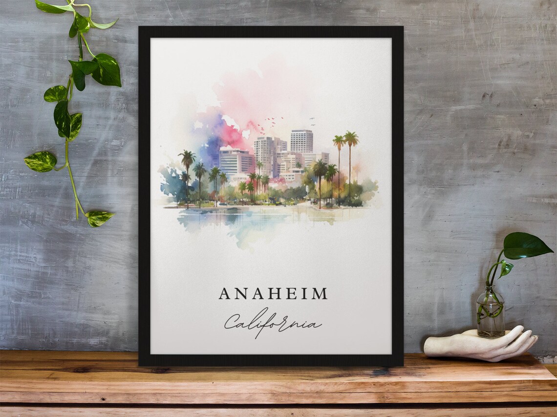 Anaheim California Watercolor Skyline Palm Trees Sunset Poster - Image 3