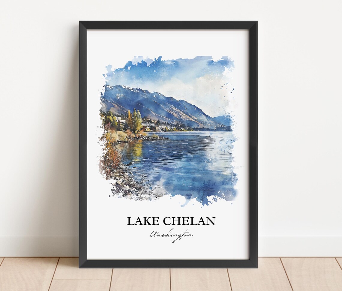 Lake Chelan Washington Watercolor Blue Lake Mountain Scene Poster - Image 4