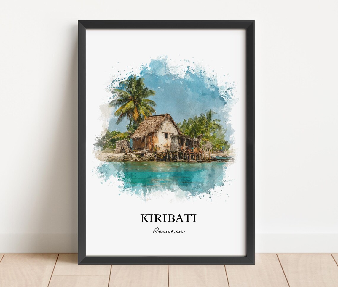 Kiribati Oceania Overwater Thatched Hut Turquoise Watercolor Poster - Image 4