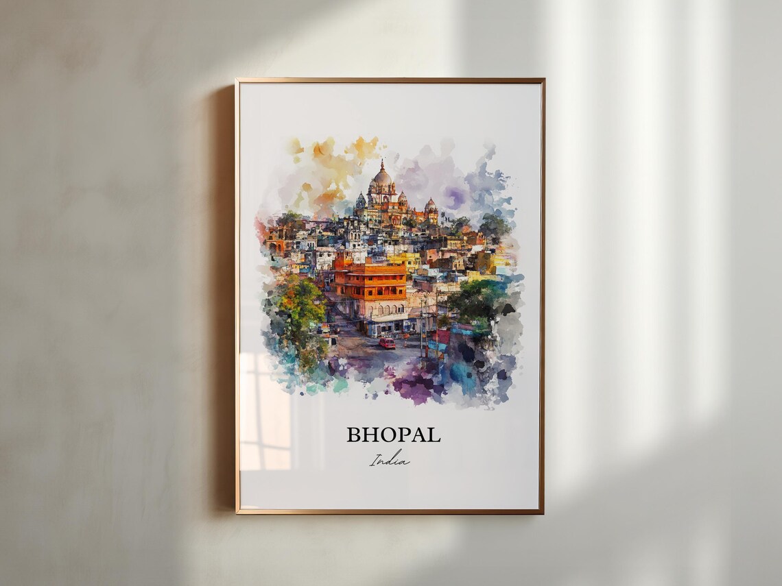 Bhopal India Watercolor Old City Temple Skyline Travel Poster - Image 6