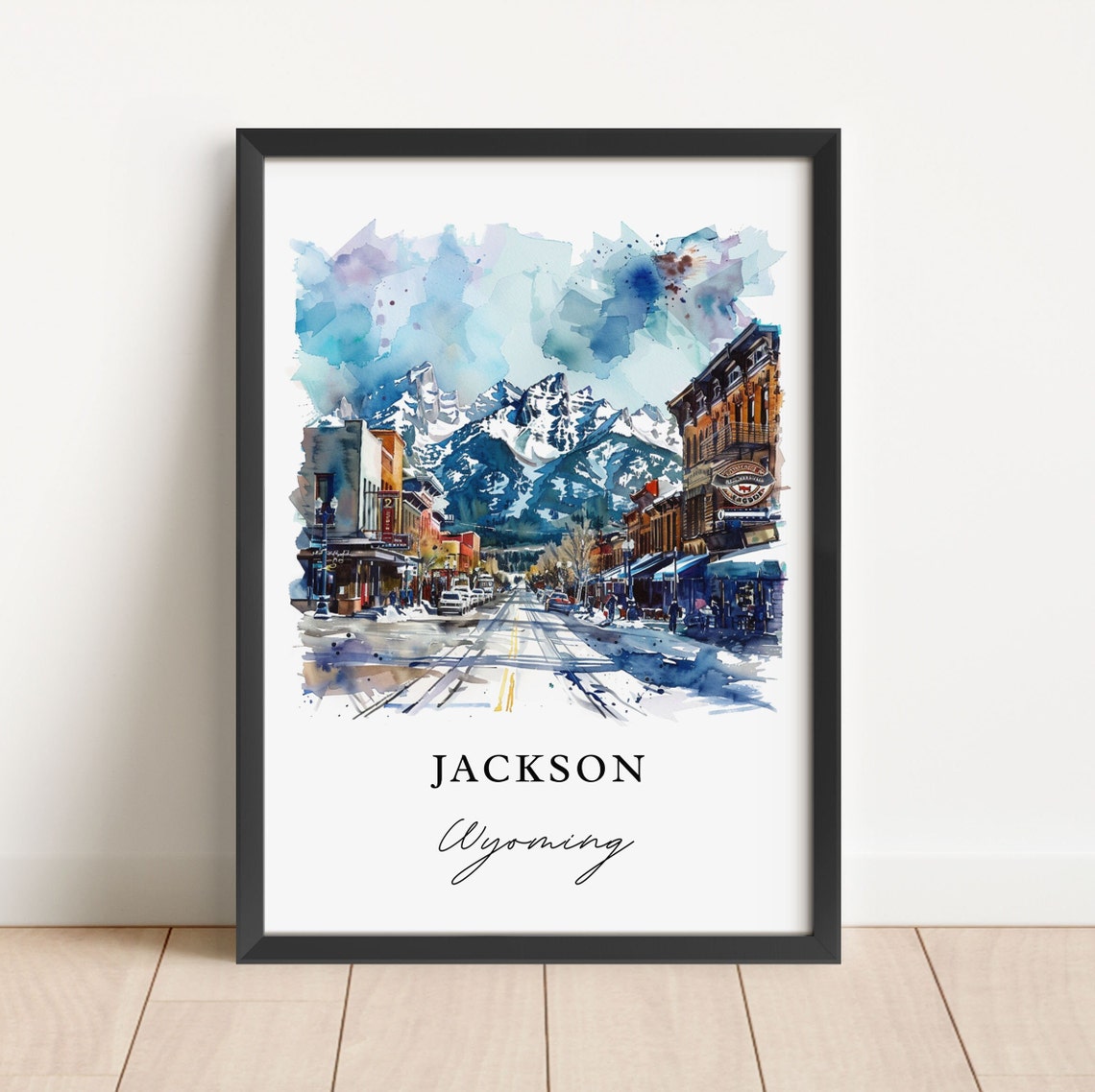 Jackson Wyoming Downtown Watercolor Snowy Mountain Travel Poster