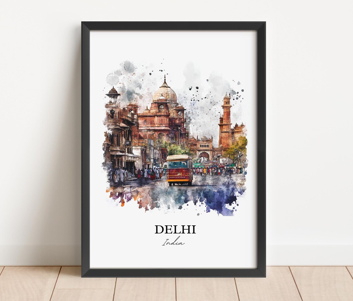 Delhi India Old City Mosque Busy Street Watercolor Travel Poster - Image 4