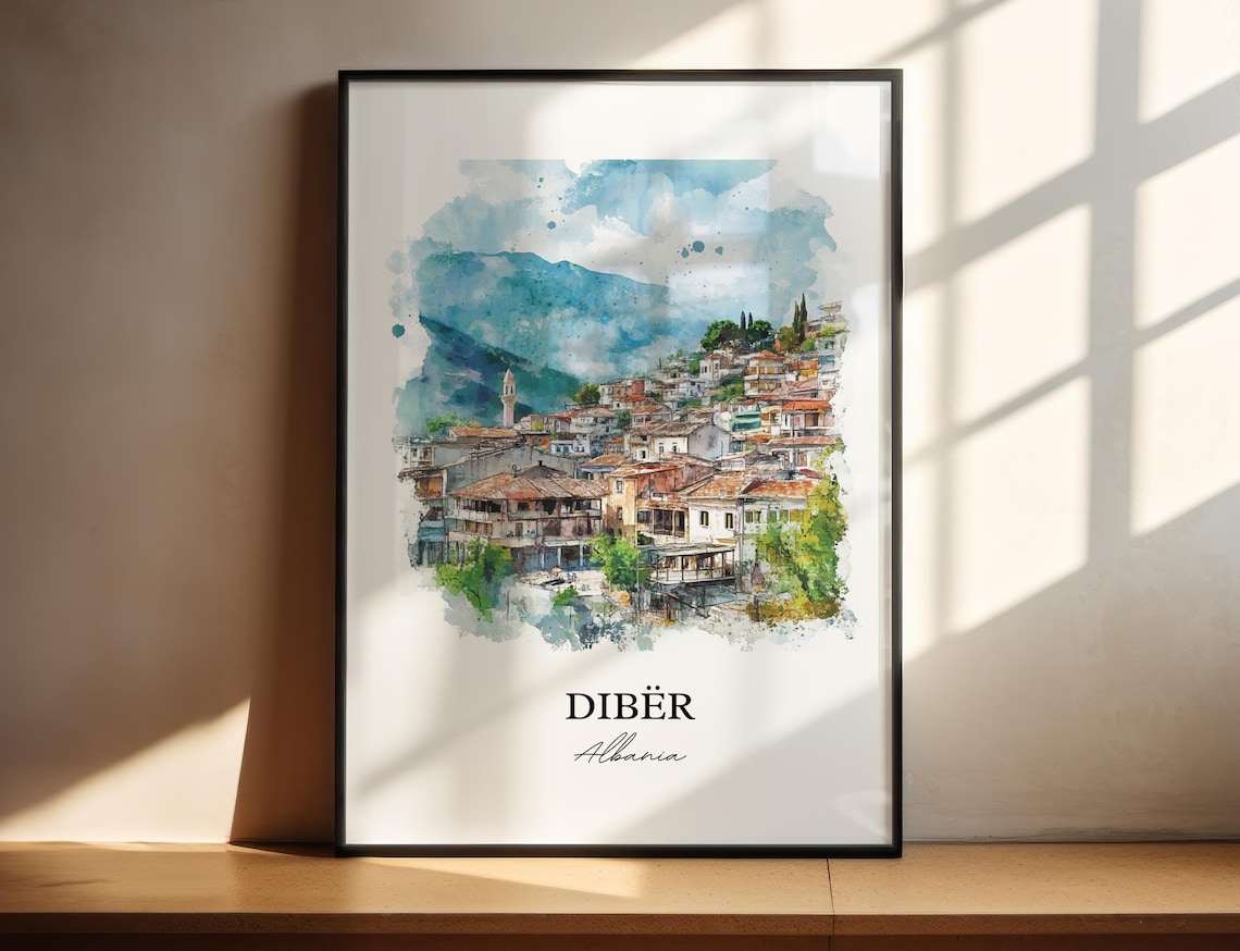 Diber Albania Watercolor Historic Mountain Town Travel Poster